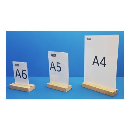 5 Supports plexi - sur socle bois - vertical droit à poser - 2 faces