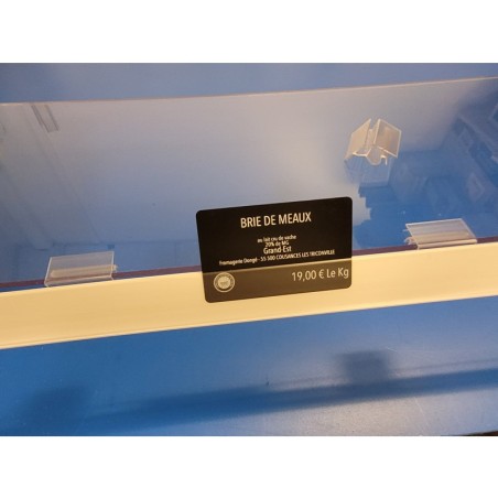 5 Porte-étiquettes fond blanc avec rail et 4 clips pince tablette verre - ht 31.5 x lg 1000 mm