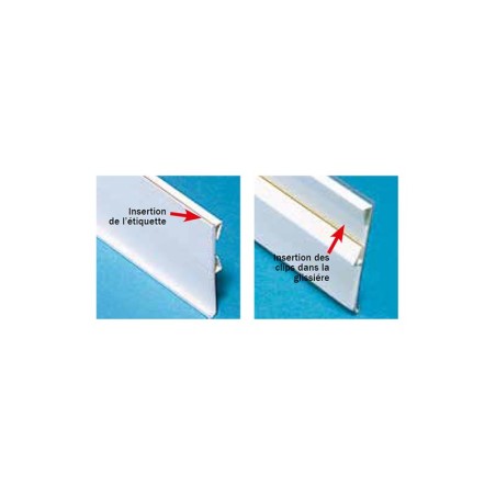5 Porte-étiquettes fond blanc avec rail et 4 clips pince tablette verre - ht 31.5 x lg 1000 mm