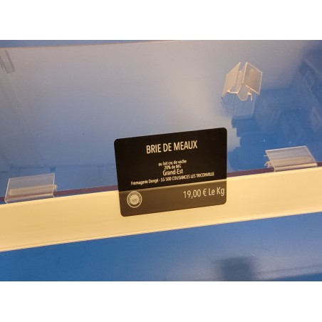 5 Porte-étiquettes fond blanc avec rail et 4 clips pince tablette verre - ht 31.5 x lg 1000 mm