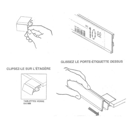 5 Porte-étiquettes fond blanc avec rail et 4 clips pince tablette verre - ht 31.5 x lg 1000 mm